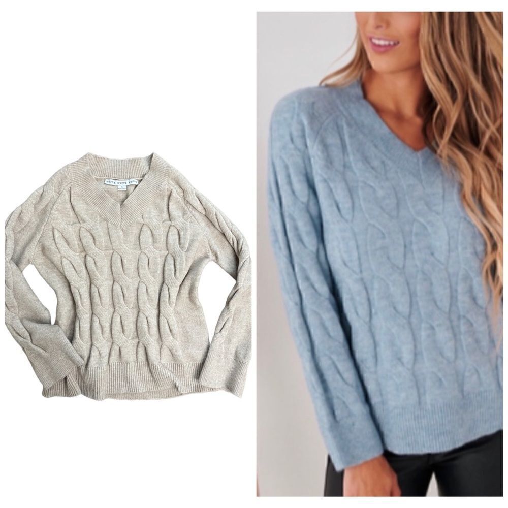 HYFVE Tan Oatmeal V-Neck Cable Knit Sweater || SZ S